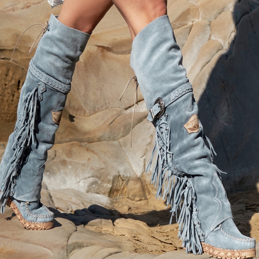 El Vaquero Coleen Drifter Silverstone Sky Blue Wedge Moccasin Boots Size 37